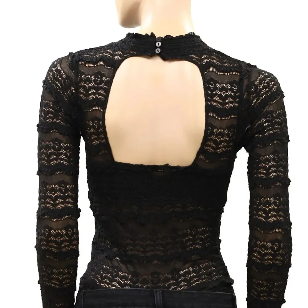 Free People Intimately Angelina Bodysuit Top Sheer Long Sleeve Black XS 289802